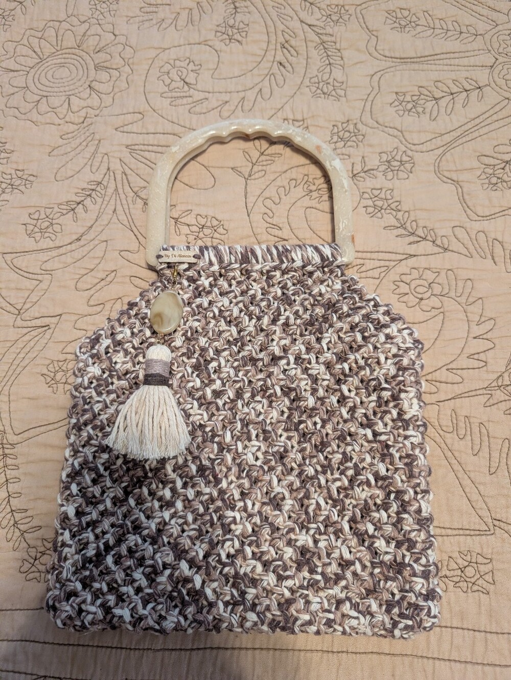 Woven Crochet Tote Bag with Plastic Handles - Cream & Brown